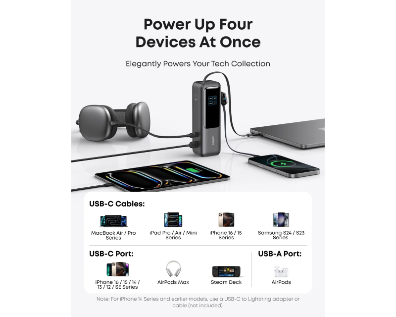 25000mAh, 165W, sa ugrađenim USB-C kablom na izvlačenje, Power Bank za laptop crni