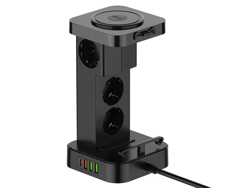 SEW4485 Kabl naponski produžni 3 x šuko + 2 x USB + 1 x Tip C + Wireless punjač 15W crni