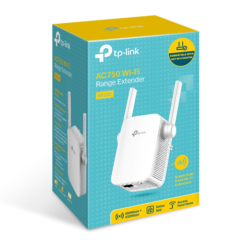 TP-LINK RE205 AC750 Wi-Fi Range Extender 433Mbps at 5GHz + 300Mbps at 2.4GHz, 2 fixed antennas